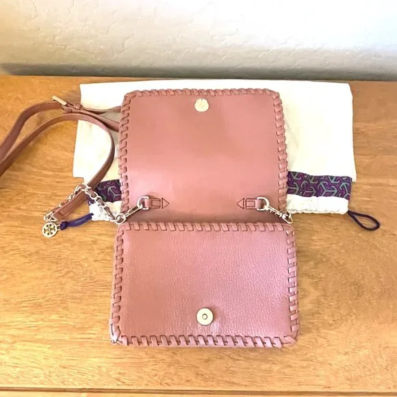 Tory Burch Crossbody Bag Marion Combo Maple Sugar Mauve Pink Leather Whipstitch - Picture 9 of 11